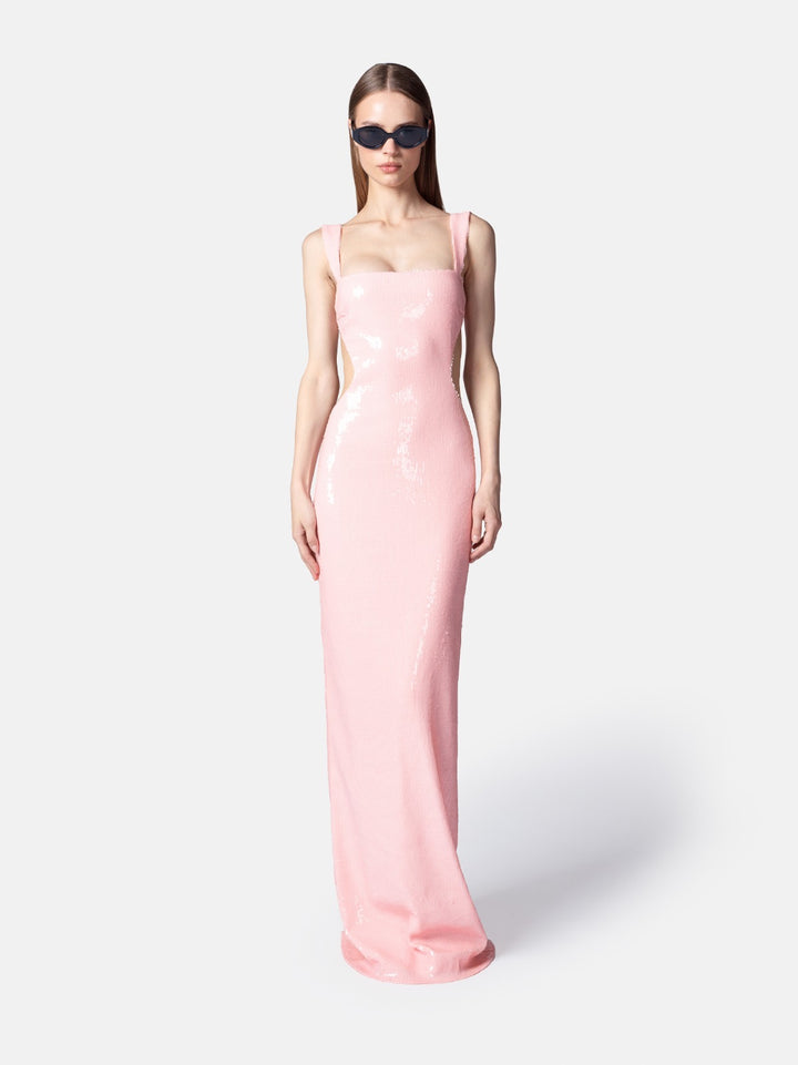 TWENTYFOURHAITCH - ABITO LUNGO CUBRES ROSA IN MATERIALE PAILLETTES, SCOLLO SQUADRATO CON SPALLINA DOPPIA, SCOLLO SUI FIANCHI E SUL DIETRO