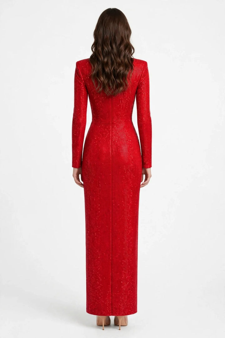 TWENTYFOURHAITCH - VESTITO LUNGO MANICA LUNGA IN JERSEY COMPLETAMENTE RIVESTITO DI STRASS