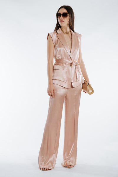 Completo Satin Rosa Cipria con Gilet e Pantalone Palazzo