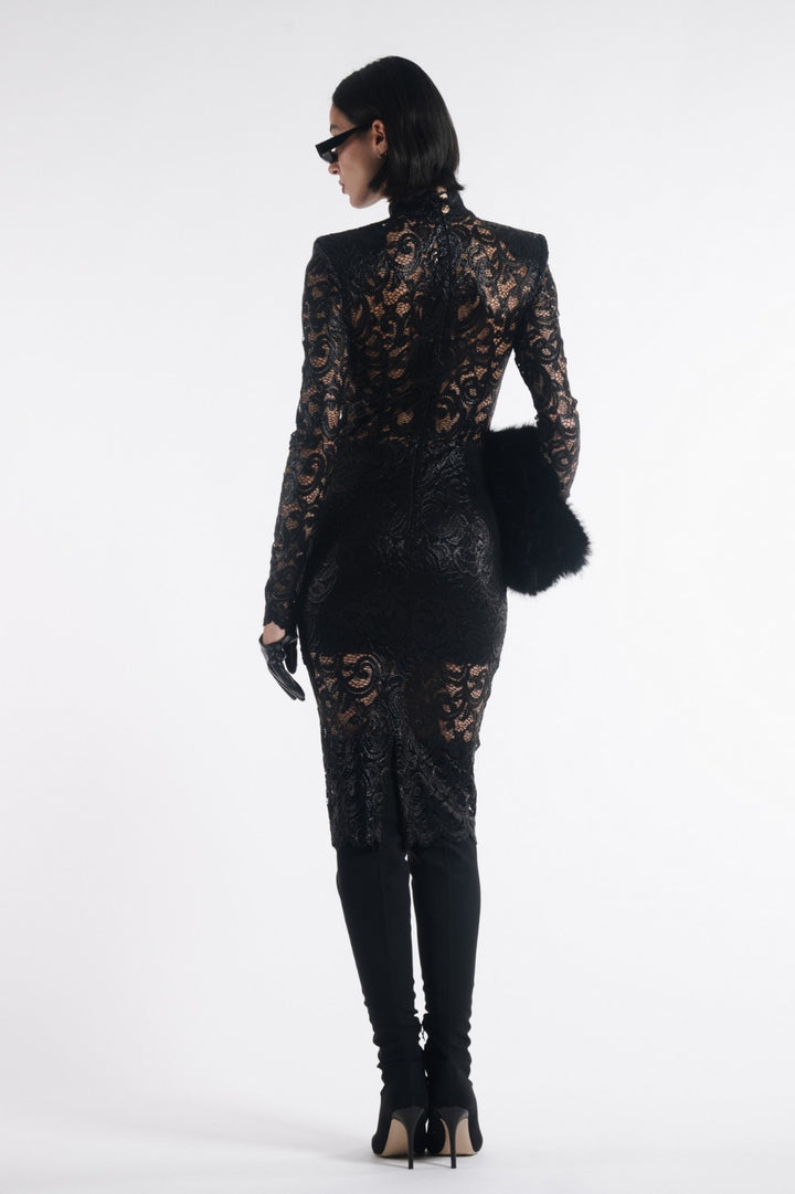ABITO MIDI IN PIZZO FLOREALE CON SPALLE STRUTTURATE