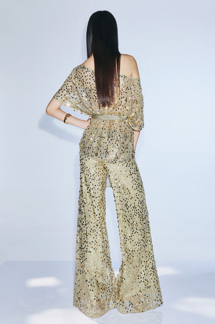 TWINS - COMPLETO COMPOSTO DA TOP MONOSPALLA E PANTALONI A PALAZZO, ARRICCHITO DA PAILLETTES CHE DONANO LUCE E RAFFINATEZZA