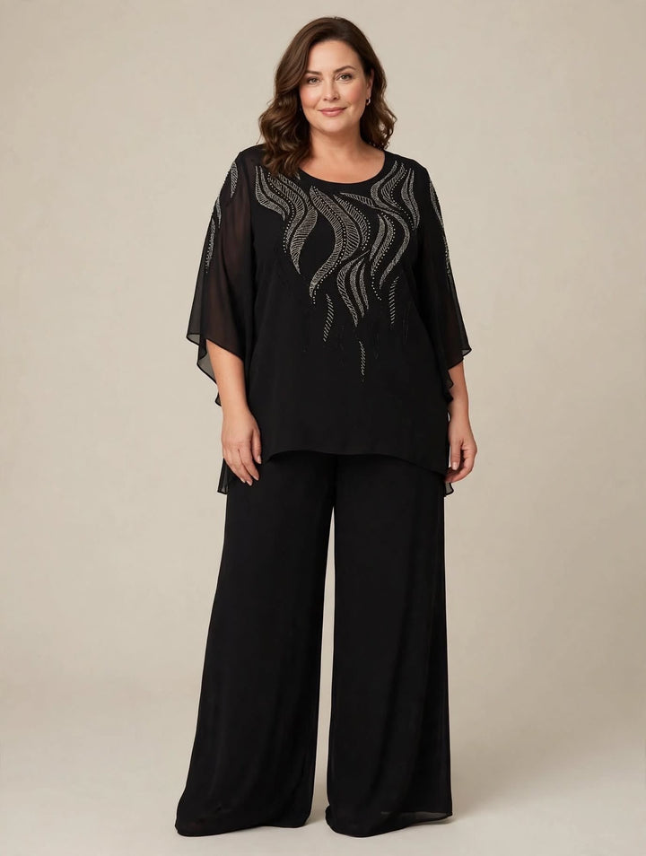 ANNA CAIAZZO - COMPLETO DUE PEZZI CON TUNICA IN CHIFFON RICAMATA CON STRASS E PANTALONE WIDE-LEG