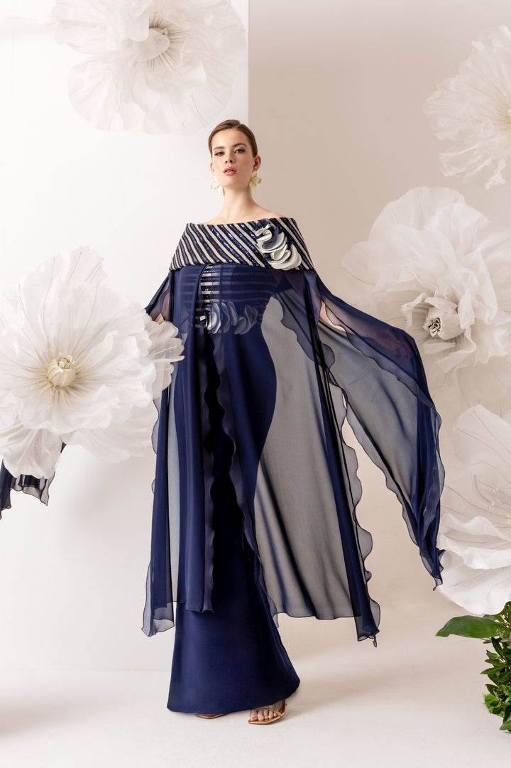 BARTIN MOOD - ABITO  BLU NOTTE CON MANTELLA E DETTAGLI SCINTILLANTI