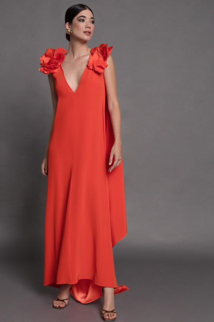 MATILDE CANO - ABITO LUNGO ROSSO CORALLO CON SCOLLO PROFONDO