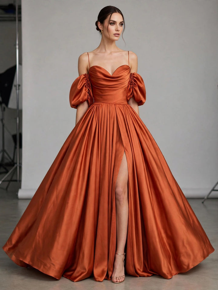 VIVIEN LUXURY - ABITO LUNGO IN RASO CON MANICHE OFF-SHOULDER
