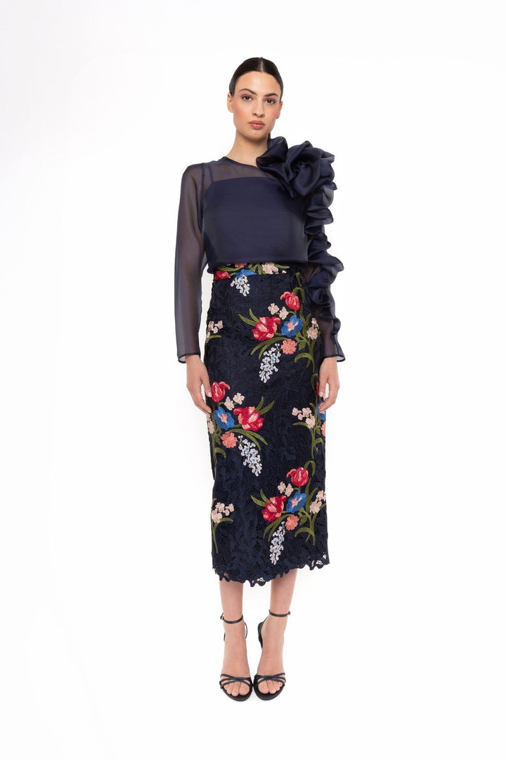 CARLA RUIZ - COMPLETO ELEGANTE CON BLUSA IN CHIFFON E GONNA RICAMATA