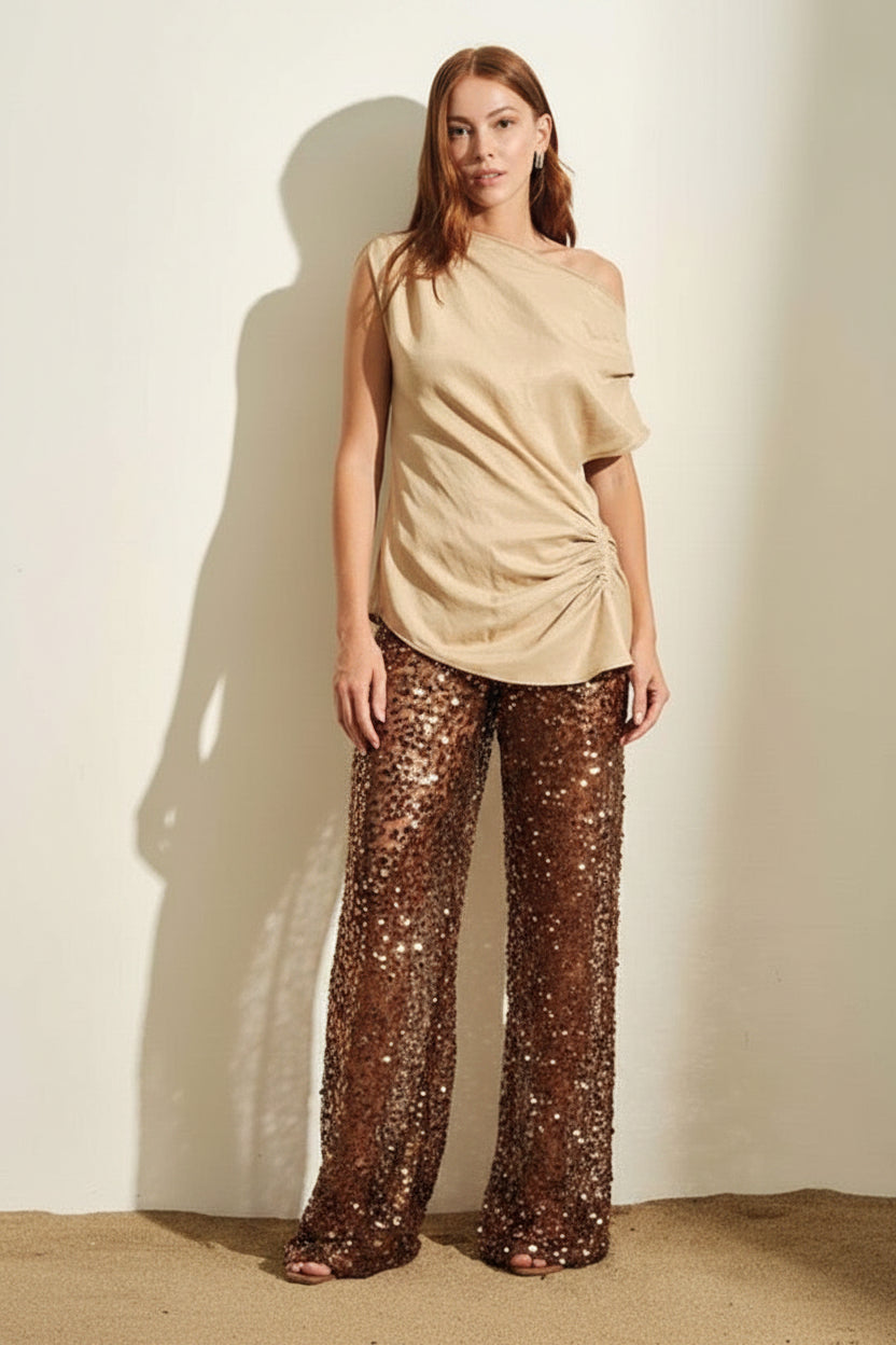 JIJIL - PANTALONE PAIETTATO MORO TRASPARENTE CON ELASTICO IN VITA