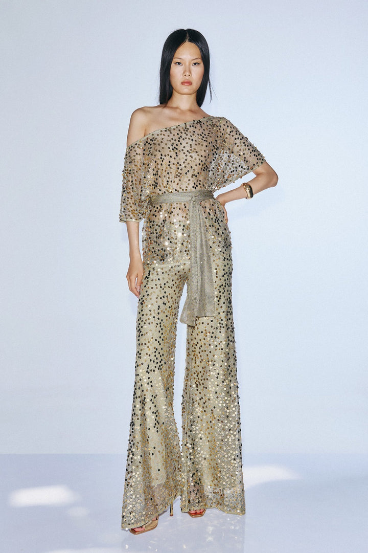 TWINS - COMPLETO COMPOSTO DA TOP MONOSPALLA E PANTALONI A PALAZZO, ARRICCHITO DA PAILLETTES CHE DONANO LUCE E RAFFINATEZZA