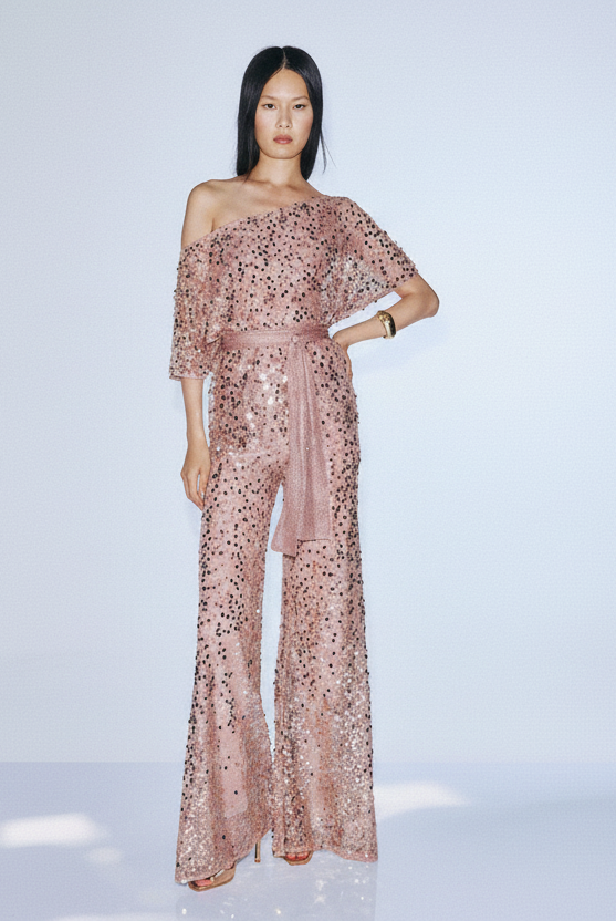 TWINS - COMPLETO COMPOSTO DA TOP MONOSPALLA E PANTALONI A PALAZZO, ARRICCHITO DA PAILLETTES CHE DONANO LUCE E RAFFINATEZZA
