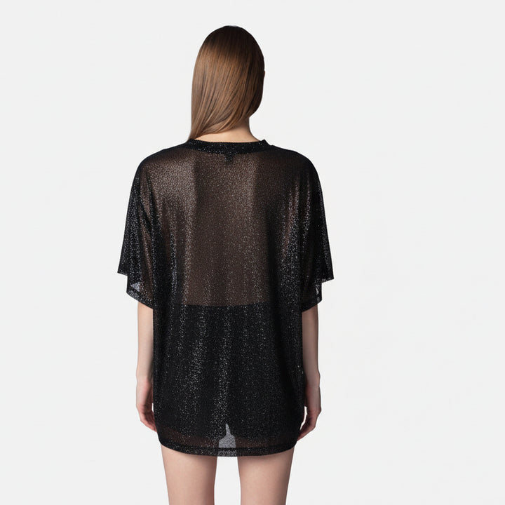 TWENTYFOURHAITCH - T-SHIRT MENDES OVER IN TULLE RIVESTITA CON MINI HOT FIX, MANICHE CORTE E SPALLINA ALTA, LUNGHEZZA MEDIA.