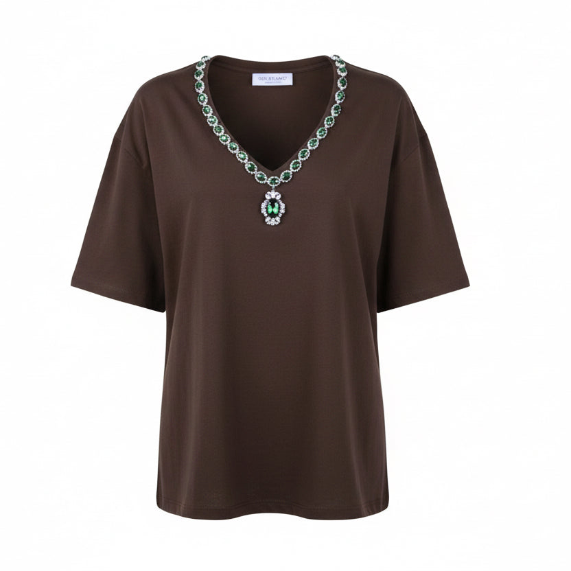 ODI ET AMO - T-SHIRT DUBAI OVERSIZE SCOLLO A V APPLICAZIONE SMERALDO