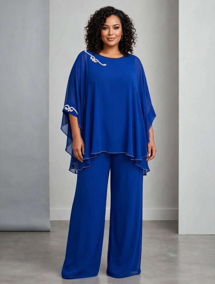 MERY LÒ - COMPLETO ELEGANTE COMPOSTO DA TUNICA IN CHIFFON CON MANICHE A PIPISTRELLO E RICAMI ARGENTATI SUL DÉCOLLETÉ E SUI POLSI,