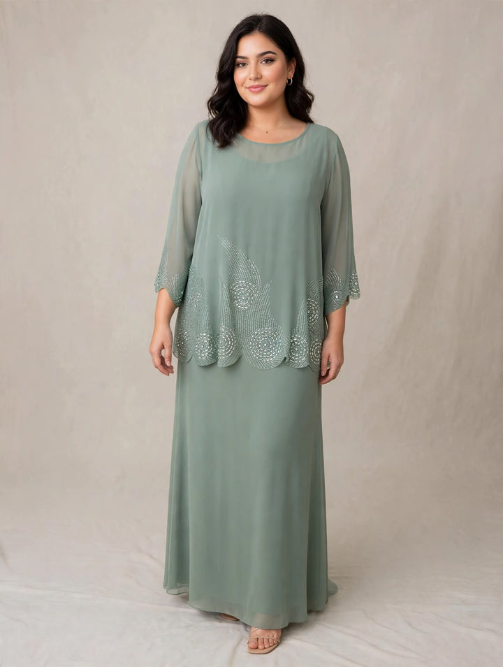 MERY LÒ - ABITO LUNGO CON SOVRAGONNA IN CHIFFON E RICAMI A CERCHI