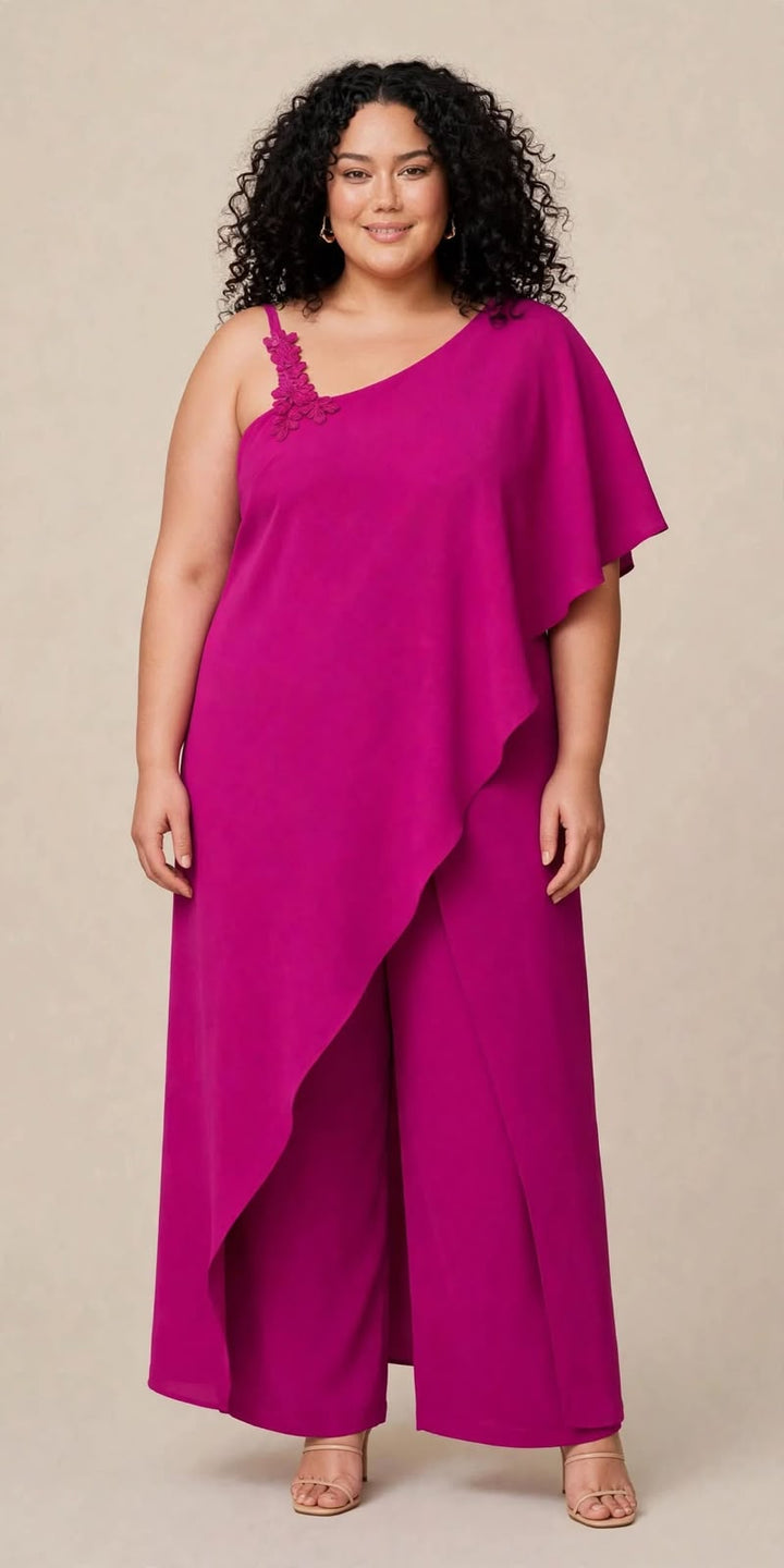 ALLURE - COMPLETO FUCSIA MONOSPALLA IN CRÊPE CON APPLICAZIONE FLOREALE