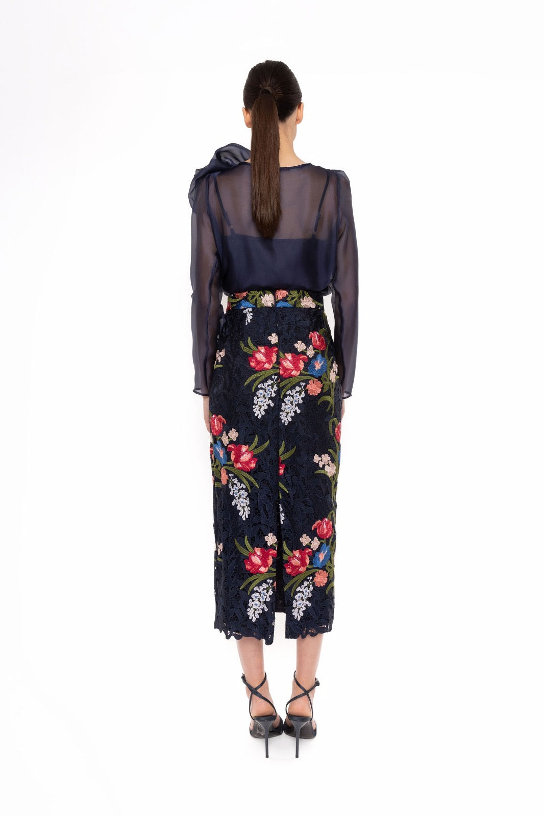 CARLA RUIZ - COMPLETO ELEGANTE CON BLUSA IN CHIFFON E GONNA RICAMATA
