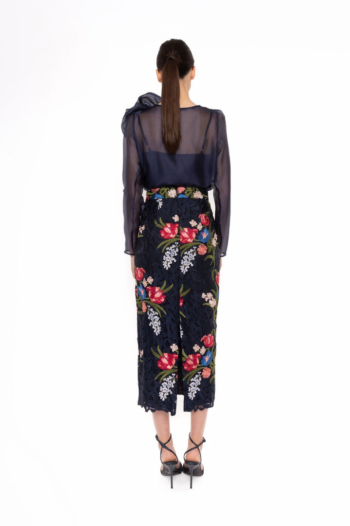 CARLA RUIZ - COMPLETO ELEGANTE CON BLUSA IN CHIFFON E GONNA RICAMATA