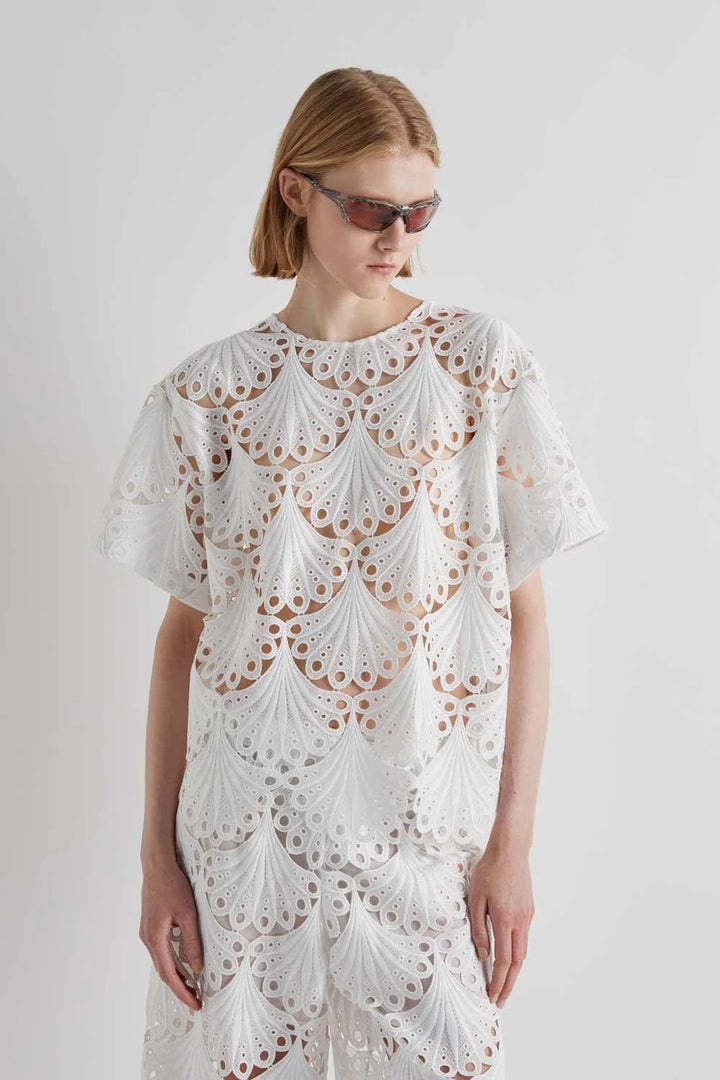 MEIMEI J - BLUSA SCOLLO ROTONDO CON ORLI SMERLATI 100% POLIESTER