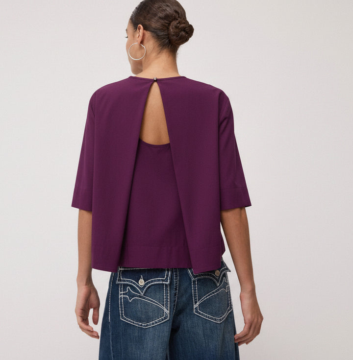 OTTO D’AME - BLUSA IN POPELINE DI COTONE CON LINEA AMPIA, MEZZE MANICHE E APERTURA SUL RETRO