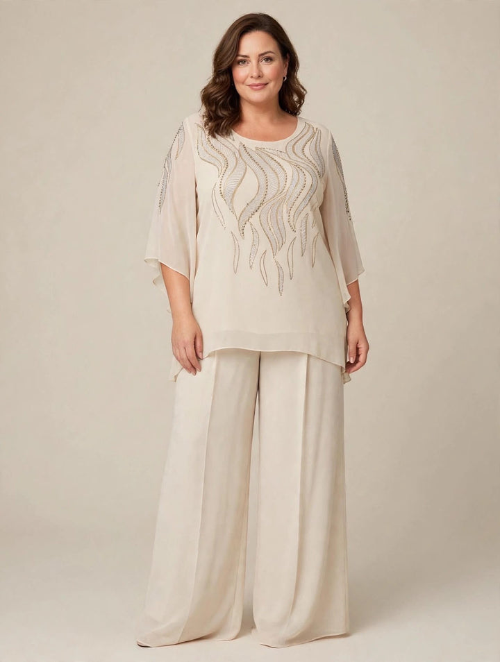 ANNA CAIAZZO - COMPLETO DUE PEZZI CON TUNICA IN CHIFFON RICAMATA CON STRASS E PANTALONE WIDE-LEG