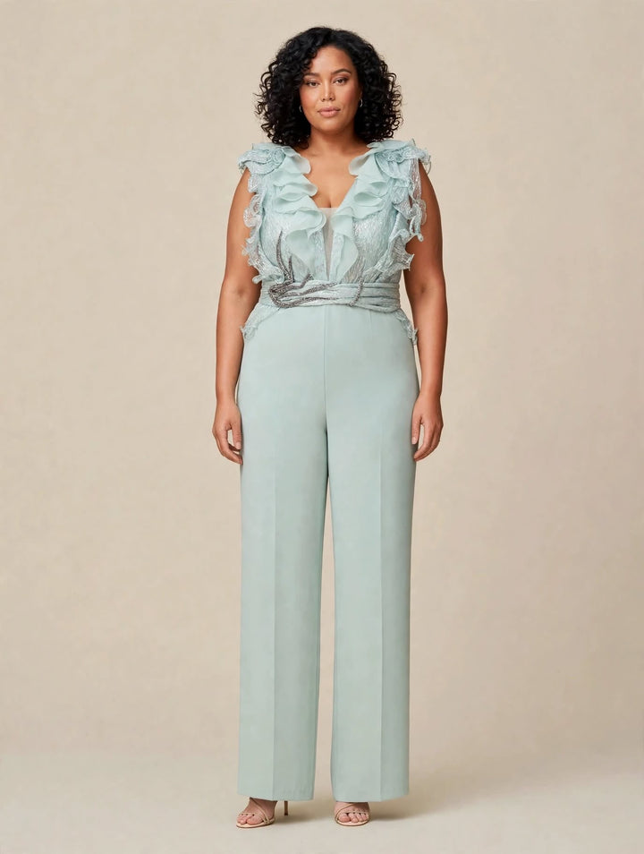 ANTONIO NOTARO - TUTA JUMPSUIT VERDE SALVIA IN CRÊPE CON CORPINO A V PROFONDO IN CHIFFON PLISSÉ CON VOLANT 3D E CINTURA GIOIELLO