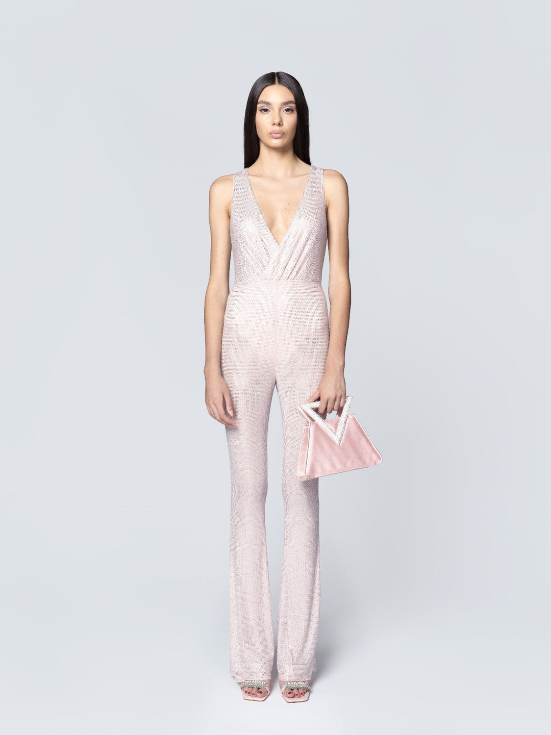 TWENTYFOURHAITCH - TUTA JUMPSUIT APOLLO CIPRIA IN TULLE E TESSUTO ELASTICO RICOPERTO DI STRASS, LINEA ADERENTE