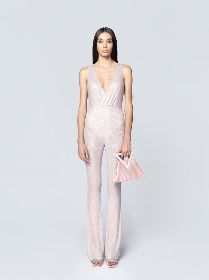 TWENTYFOURHAITCH - TUTA JUMPSUIT APOLLO CIPRIA IN TULLE E TESSUTO ELASTICO RICOPERTO DI STRASS, LINEA ADERENTE