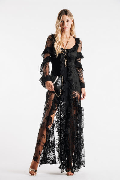 Abito in Pizzo Lungo con Rouches – Disponibile in Borgogna