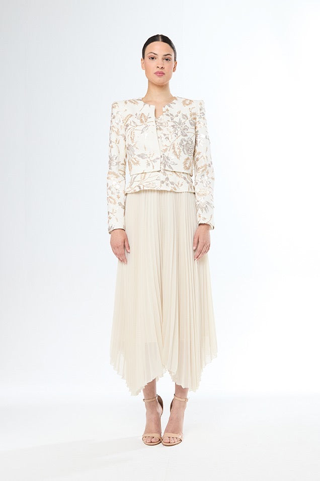 Carla Ruiz - Abito midi avorio con giacca jacquard ricamata