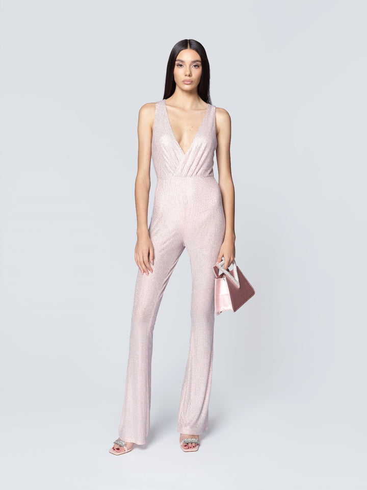 TWENTYFOURHAITCH - TUTA JUMPSUIT APOLLO CIPRIA IN TULLE E TESSUTO ELASTICO RICOPERTO DI STRASS, LINEA ADERENTE