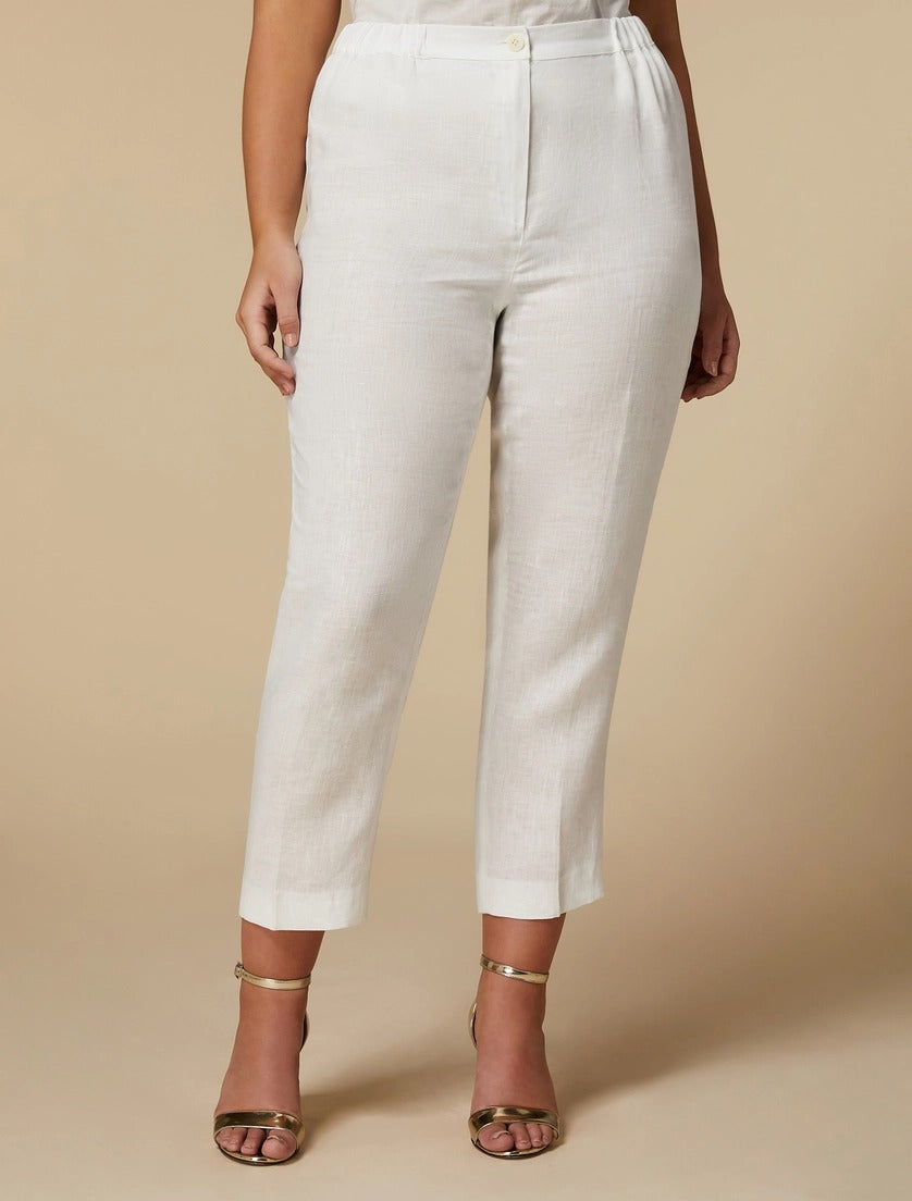 MARINA RINALDI - PANTALONI IN PURO LINO ,DALLA LINEA A SIGARETTA,CON INSERTO ELASTICO AI FIANCHI