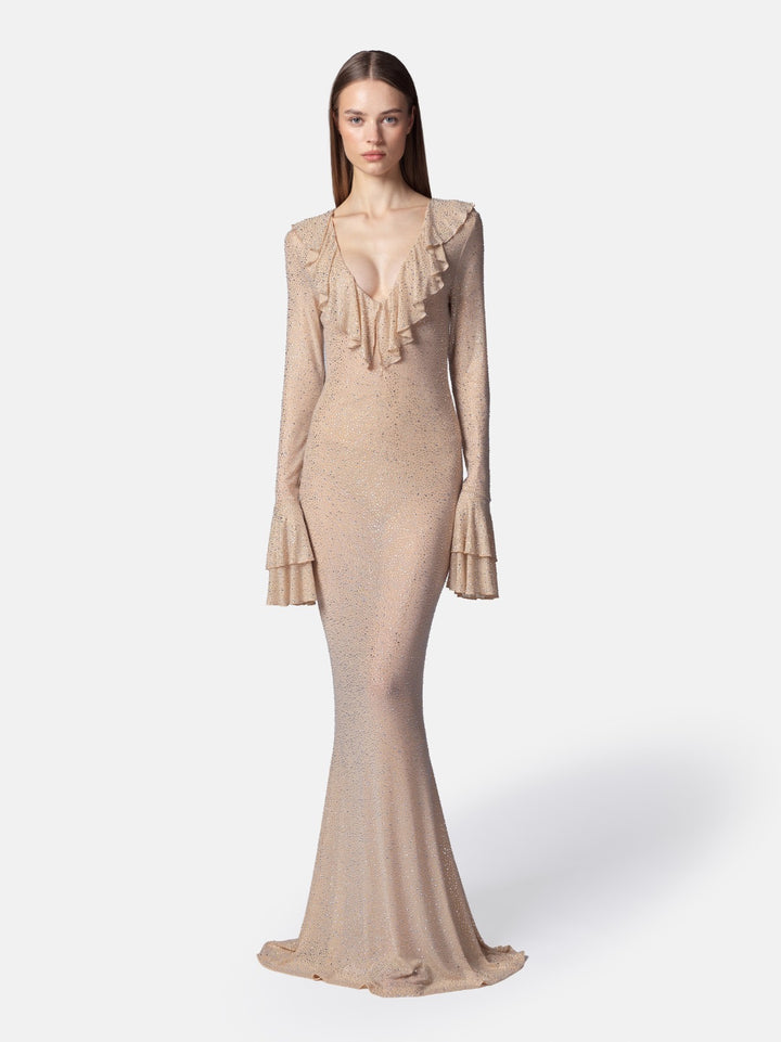 TWENTYFOURHAITCH - ABITO LUNGO COVE NUDE CRYSTAL, LINEA SIRENA INTERAMENTE IN TULLE ELASTICO RICOPERTO DA MICROSTRASS IN DIVERSE DIMENSIONI