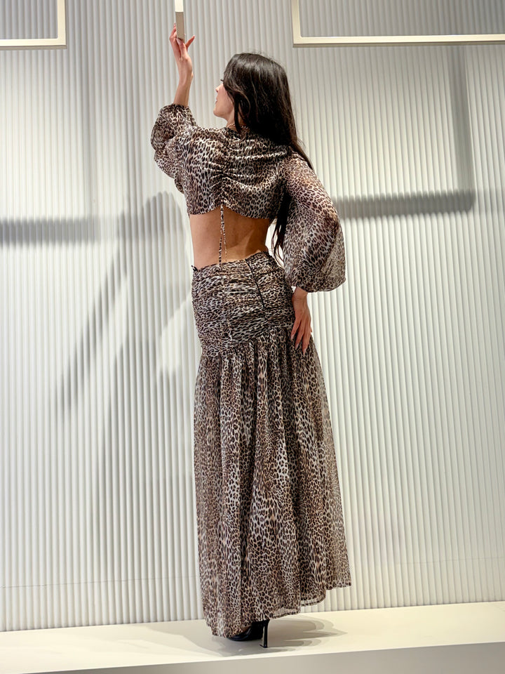 BABYLON - ABITO LUNGO LEOPARDATO CON CUT-OUT E SPACCO FRONTALE