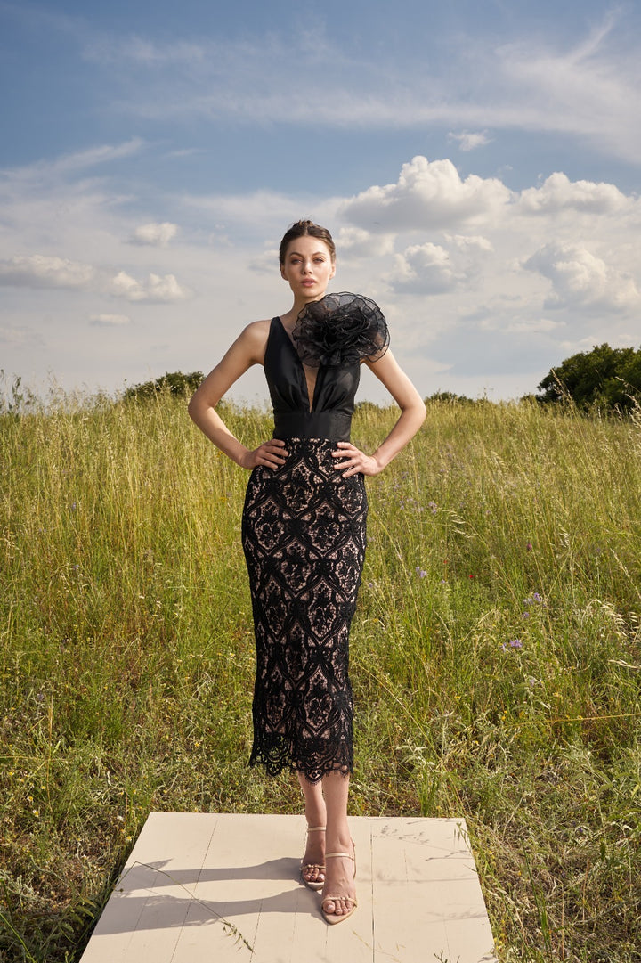 MY ANGELS - ABITO MIDI IN PIZZO CON DETTAGLIO FLOREALE