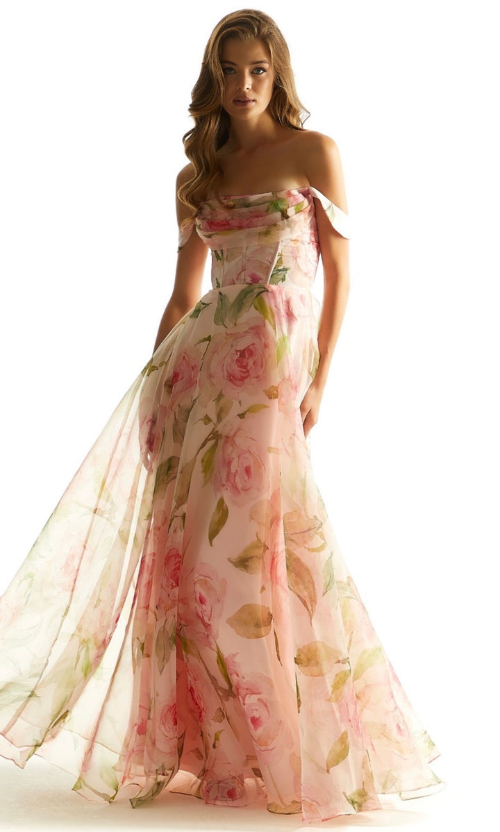 MORILEE - ABITO LUNGO IN ORGANZA CON MAXI STAMPA FLOREALE ROSA E VERDE, SCOLLO OFF-SHOULDER E GONNA A RUOTA
