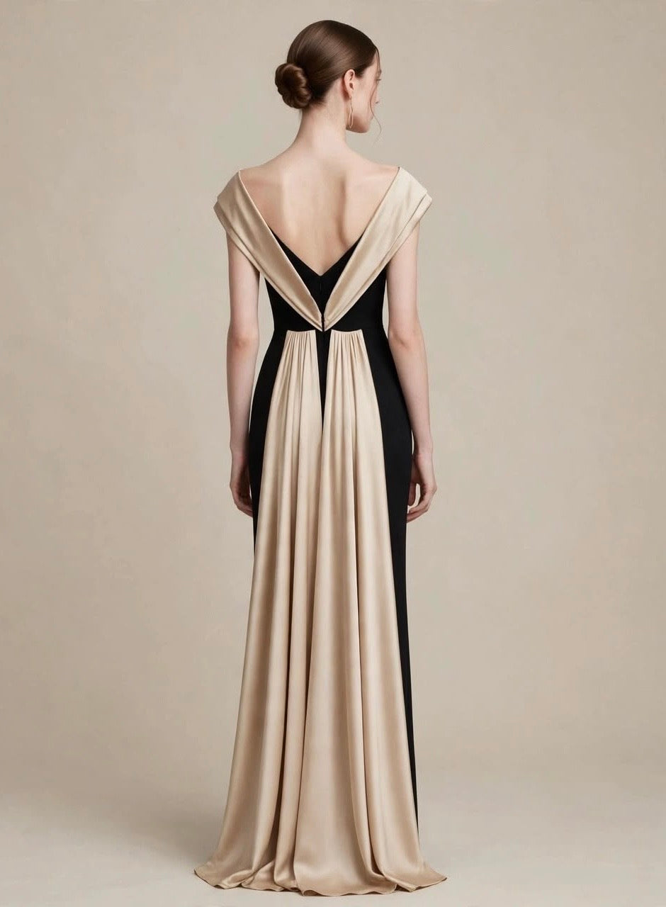 VIVIEN LUXURY - ABITO LUNGO NERO A SIRENA CON COLLO A CASCATA OFF-SHOULDER IN RASO CHAMPAGNE E MAXI STRASCICO