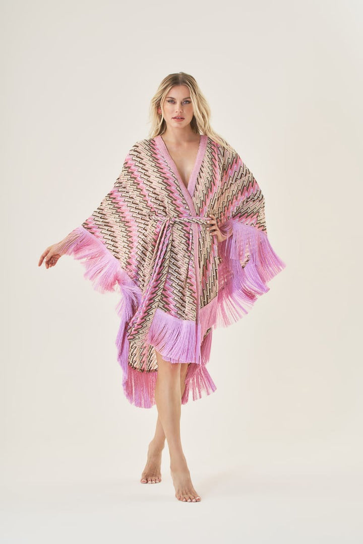 PHO FIRENZE - PONCHO IN VISCOSA E LUREX ORO IN FANTASIA CON PASSANTI PER FASCIA IN TINTA ALTEZZA VITA.