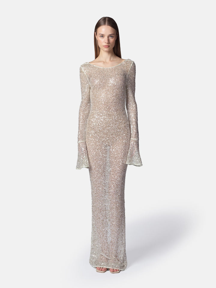 TWENTYFOURHAITCH - ABITO LUNGO NEW TEXAS LINEA SIRENA INTERAMENTE IN TULLE ELASTICO RICOPERTO DA MICRO STRASS, MANICA LUNGA CON BALZA E SCOLLO
