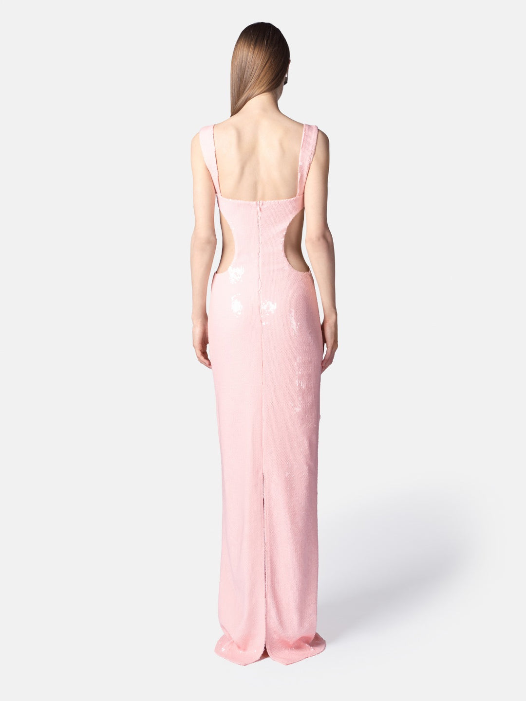 TWENTYFOURHAITCH - ABITO LUNGO CUBRES ROSA IN MATERIALE PAILLETTES, SCOLLO SQUADRATO CON SPALLINA DOPPIA, SCOLLO SUI FIANCHI E SUL DIETRO
