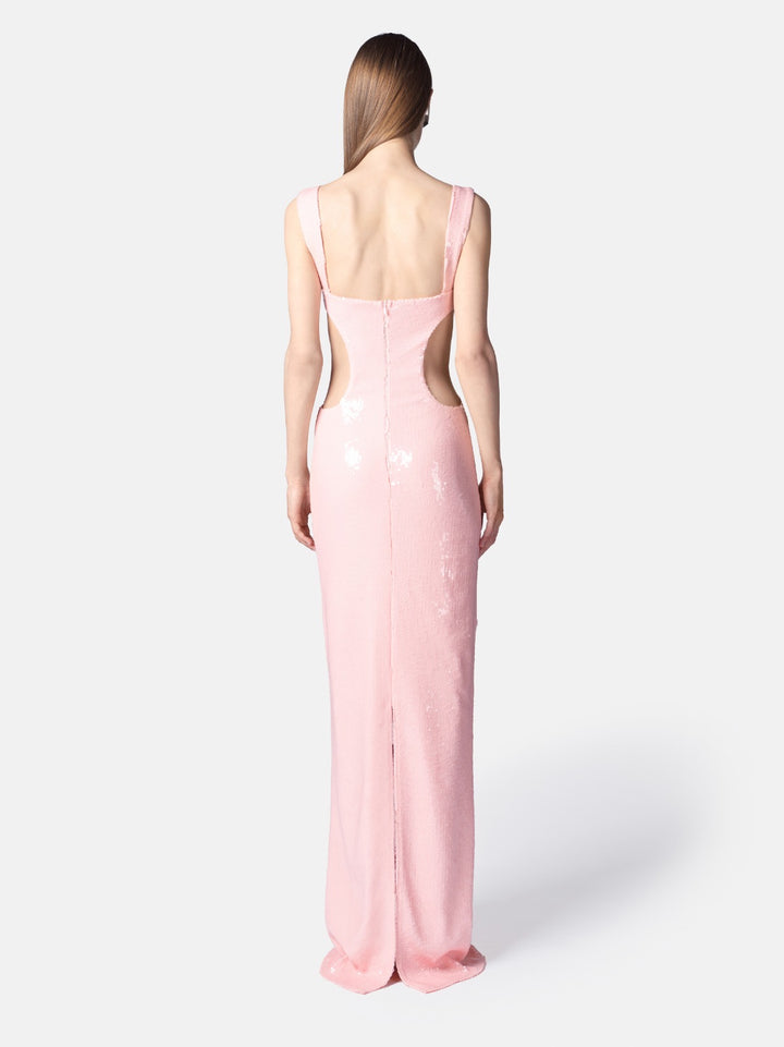 TWENTYFOURHAITCH - ABITO LUNGO CUBRES ROSA IN MATERIALE PAILLETTES, SCOLLO SQUADRATO CON SPALLINA DOPPIA, SCOLLO SUI FIANCHI E SUL DIETRO