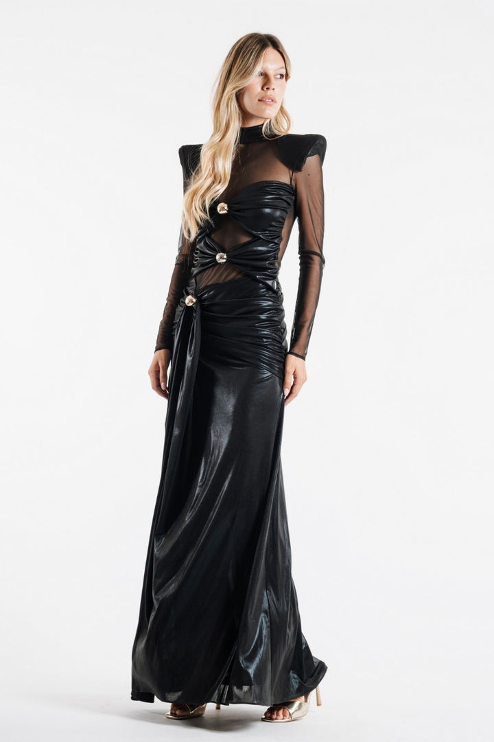 BABYLON - ABITO LUNGO RED CARPET CON SPACCO, TRASPARENZE ED INSERTI METALLICI