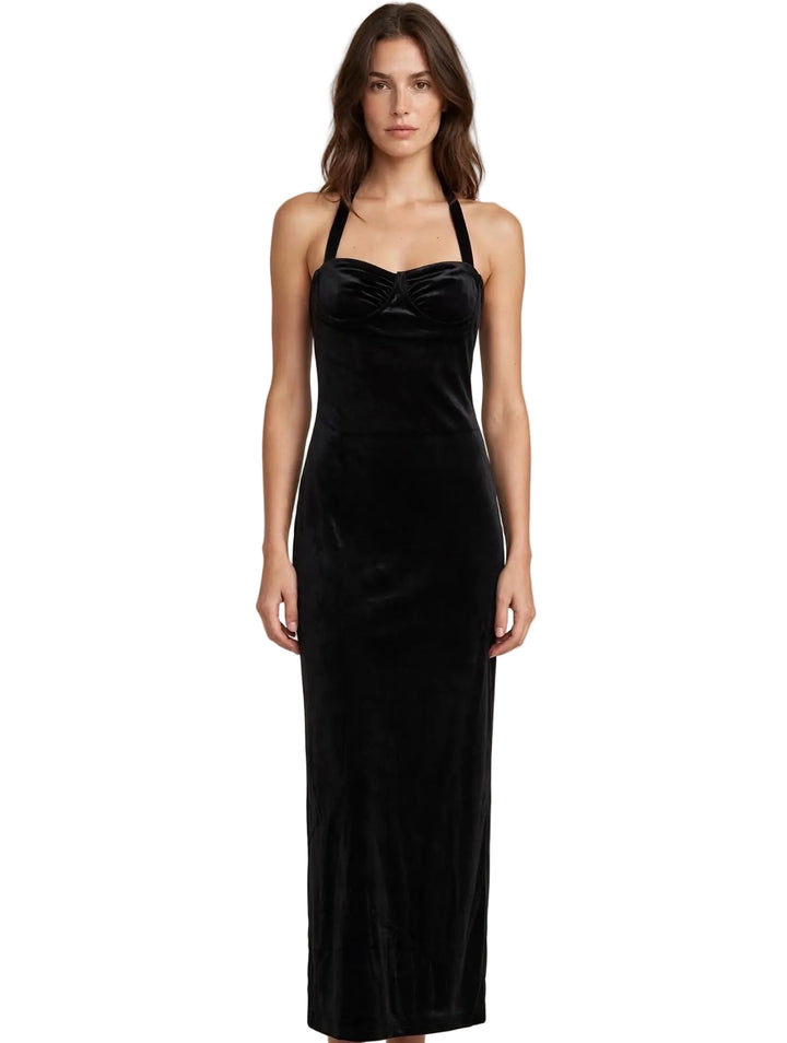 ABITO LUNGO IN VELLUTO CON SCOLLO HALTER E FIOCCO