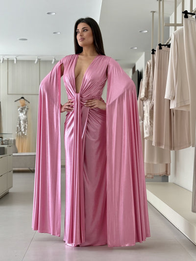 Abito da Sera in Jersey Lucido con Mantello – Rosa Barbie