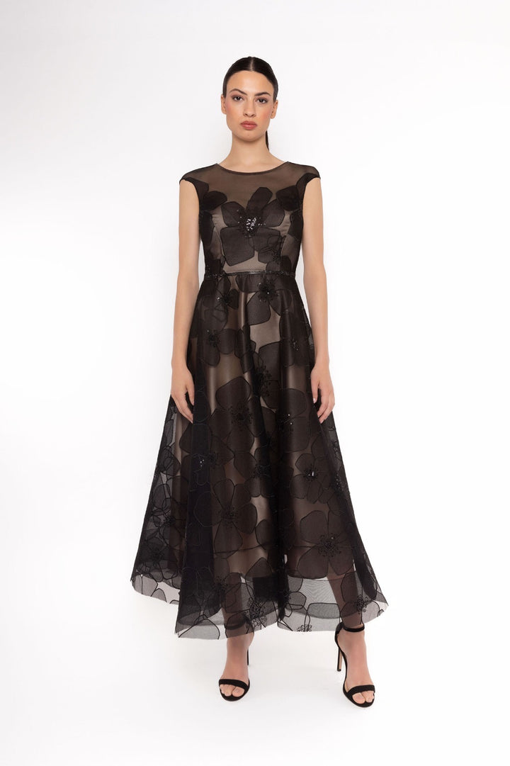 CARLA RUIZ - ABITO MIDI NERO IN TULLE RICAMATO CON MOTIVO FLOREALE