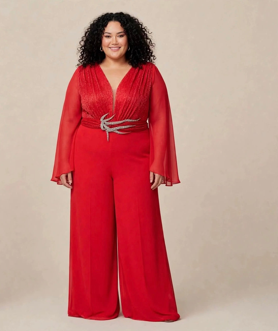 ANTONIO NOTARO - TUTA JUMPSUIT CON CORPINO DRAPPEGGIATO A V CON FILI GLITTER, CINTURA GIOIELLO E MANICHE A KIMONO