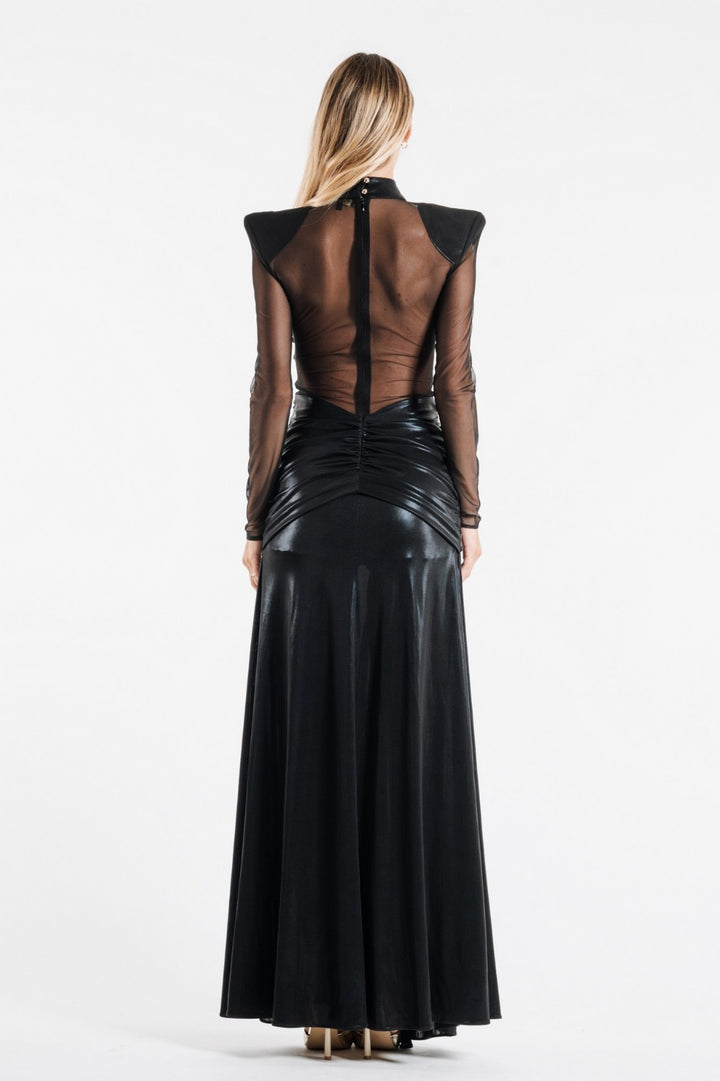 BABYLON - ABITO LUNGO RED CARPET CON SPACCO, TRASPARENZE ED INSERTI METALLICI