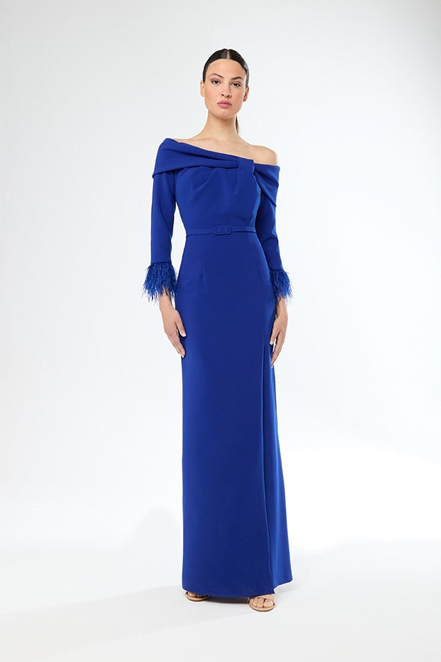 Carla Ruiz Abito Lungo Blu Royal - Abito da Cerimonia con Piume e Spalle Scoperte
