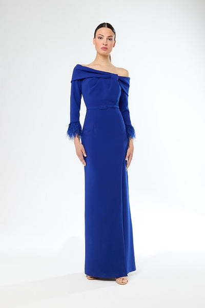 Carla Ruiz Abito Lungo Blu Royal - Abito da Cerimonia con Piume e Spalle Scoperte