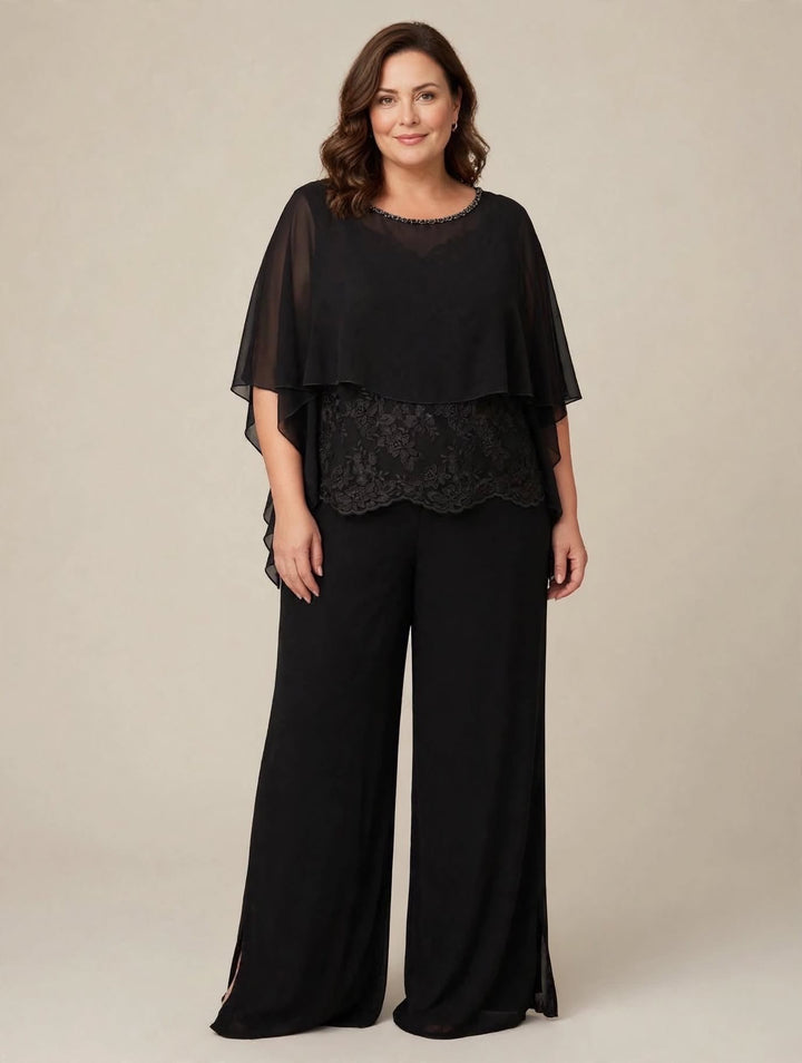 ANNA CAIAZZO - COMPLETO TRE PEZZI CON TOP IN PIZZO SMERLATO, MANTELLA IN CHIFFON CON COLLARE IN STRASS E PANTALONE WIDE-LEG