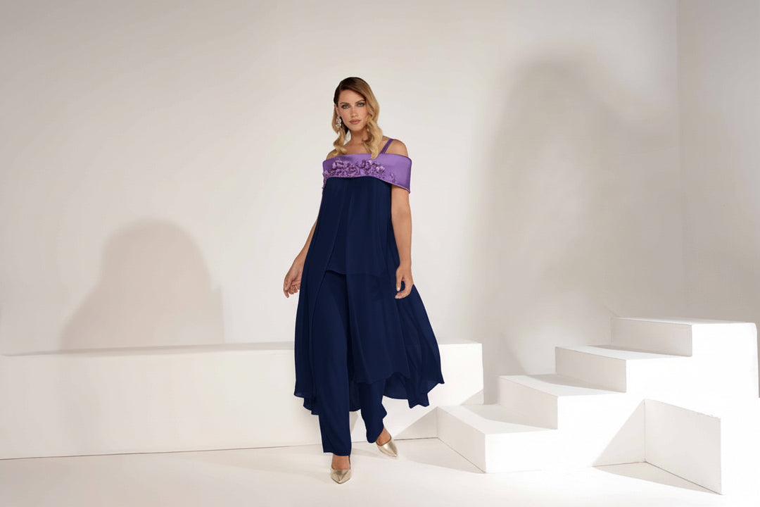 FLÒ - COMPLETO RAFFINATO COMPOSTO DA PANTALONE MORBIDO E TOP FLUIDO CON MANTELLA LEGGERA