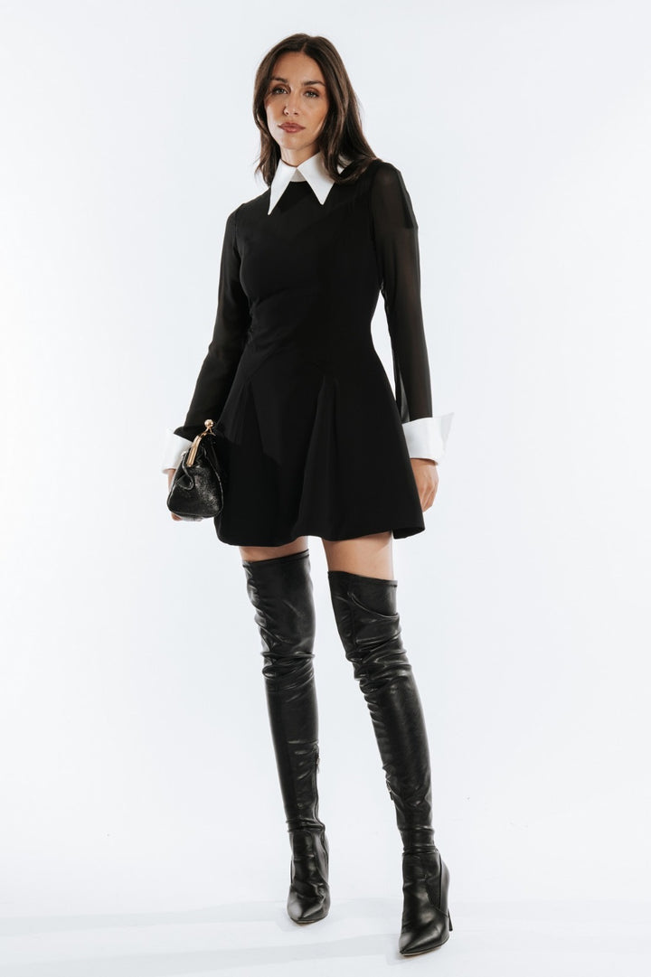 BABYLON - ABITO MINI BIANCO E NERO SEMI-TRASPARENTE CON GONNA SVASATA